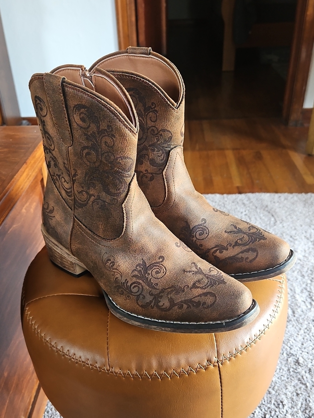 Roper Brown Floral-Scroll Western Ankle Boots
